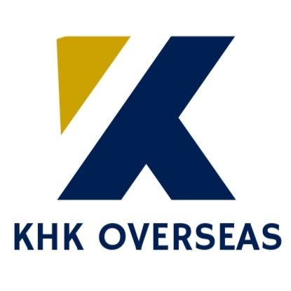 KHK Overseas company logo, stylized letters KHK in navy blue and gold